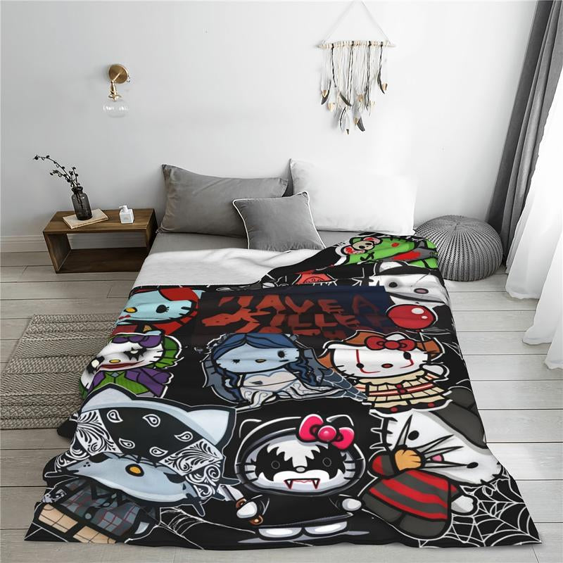 Halloween Anime Hello Kitty Cozy Print Flannel Blanket, Warm for Sofa Bed Office Camping and Travel, Suitable for All Seasons Fluffy Soft Blanket