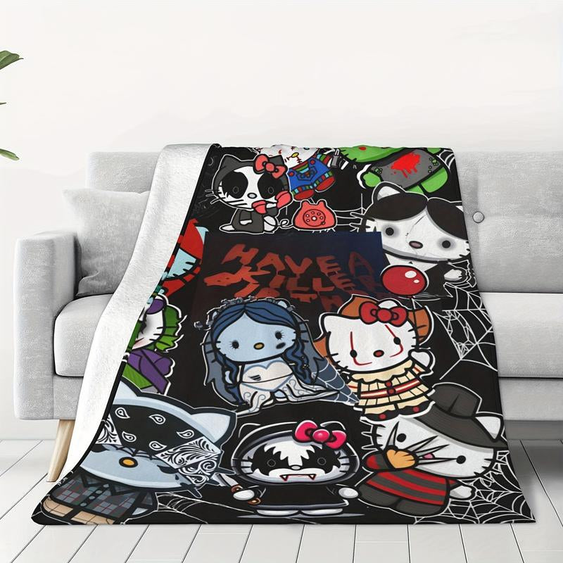 Halloween Anime Hello Kitty Cozy Print Flannel Blanket, Warm for Sofa Bed Office Camping and Travel, Suitable for All Seasons Fluffy Soft Blanket