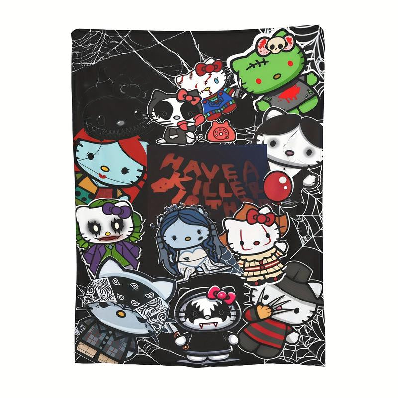 Halloween Anime Hello Kitty Cozy Print Flannel Blanket, Warm for Sofa Bed Office Camping and Travel, Suitable for All Seasons Fluffy Soft Blanket