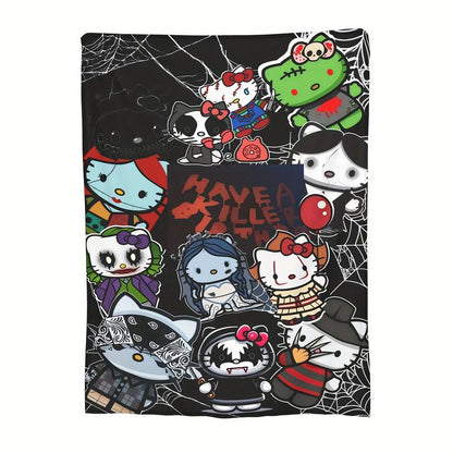 Halloween Anime Hello Kitty Cozy Print Flannel Blanket, Warm for Sofa Bed Office Camping and Travel, Suitable for All Seasons Fluffy Soft Blanket