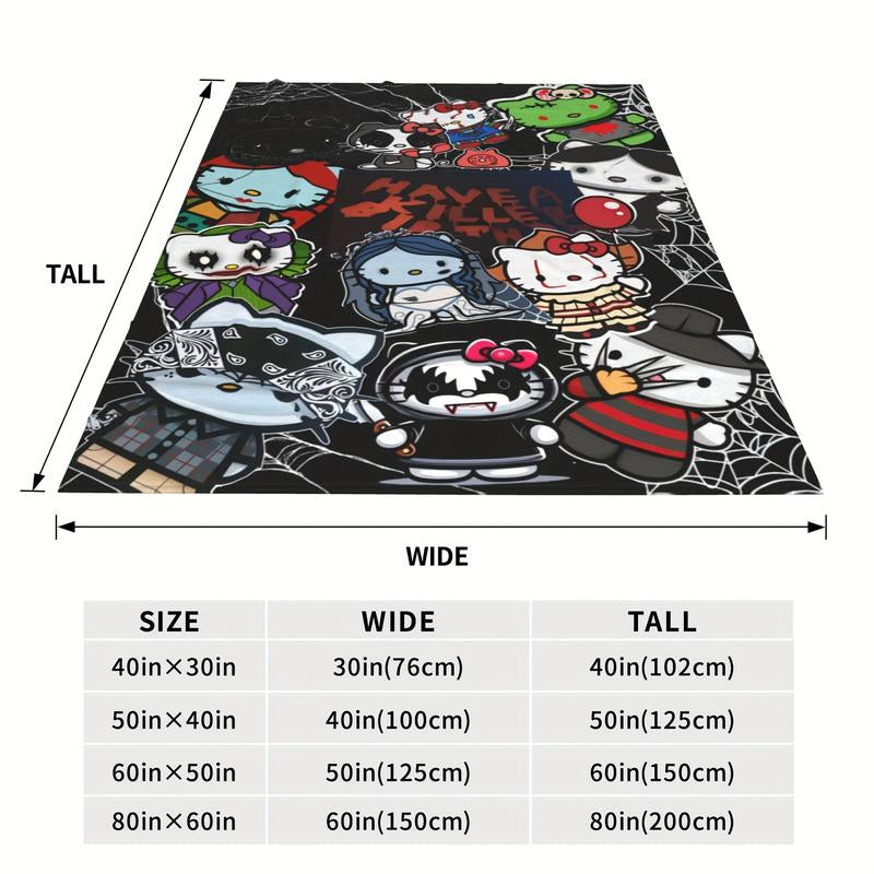 Halloween Anime Hello Kitty Cozy Print Flannel Blanket, Warm for Sofa Bed Office Camping and Travel, Suitable for All Seasons Fluffy Soft Blanket