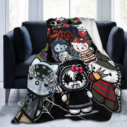 Halloween Anime Hello Kitty Cozy Print Flannel Blanket, Warm for Sofa Bed Office Camping and Travel, Suitable for All Seasons Fluffy Soft Blanket