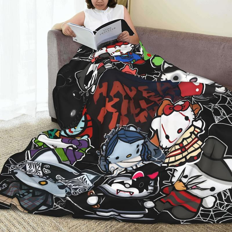 Halloween Anime Hello Kitty Cozy Print Flannel Blanket, Warm for Sofa Bed Office Camping and Travel, Suitable for All Seasons Fluffy Soft Blanket