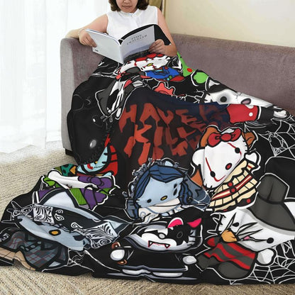 Halloween Anime Hello Kitty Cozy Print Flannel Blanket, Warm for Sofa Bed Office Camping and Travel, Suitable for All Seasons Fluffy Soft Blanket