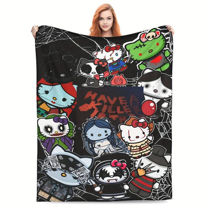 Halloween Anime Hello Kitty Cozy Print Flannel Blanket, Warm for Sofa Bed Office Camping and Travel, Suitable for All Seasons Fluffy Soft Blanket