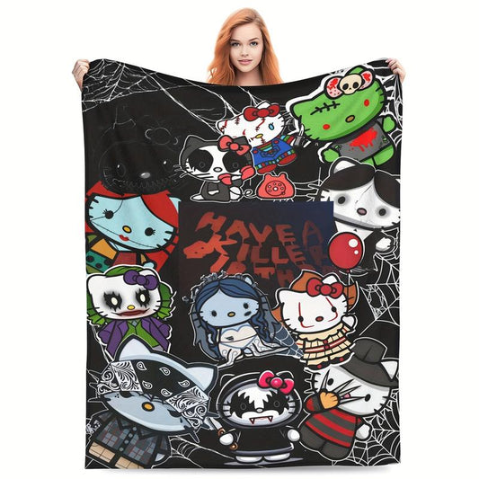 Halloween Anime Hello Kitty Cozy Print Flannel Blanket, Warm for Sofa Bed Office Camping and Travel, Suitable for All Seasons Fluffy Soft Blanket