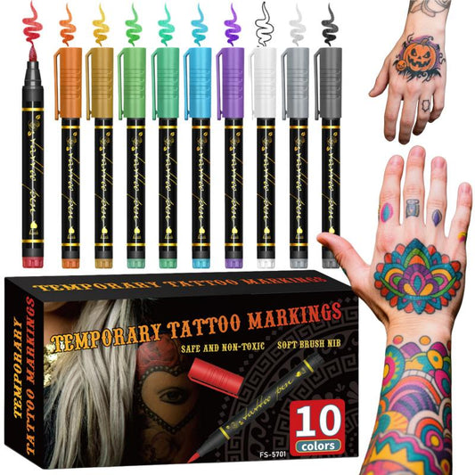 Temporary Tattoo Markers Set, 10-Color Body Art Pens, Flexible Brush Tips, Bright Colors, Halloween Makeup & Cosmetics