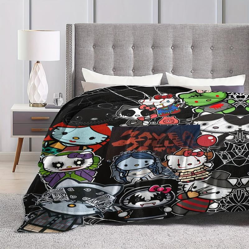 Halloween Anime Hello Kitty Cozy Print Flannel Blanket, Warm for Sofa Bed Office Camping and Travel, Suitable for All Seasons Fluffy Soft Blanket